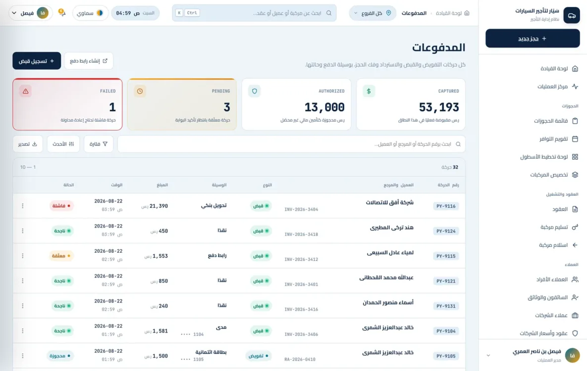 شاشة مدفوعات تأجير السيارات مع الدفعات والتأمين المحجوز والمستحقات